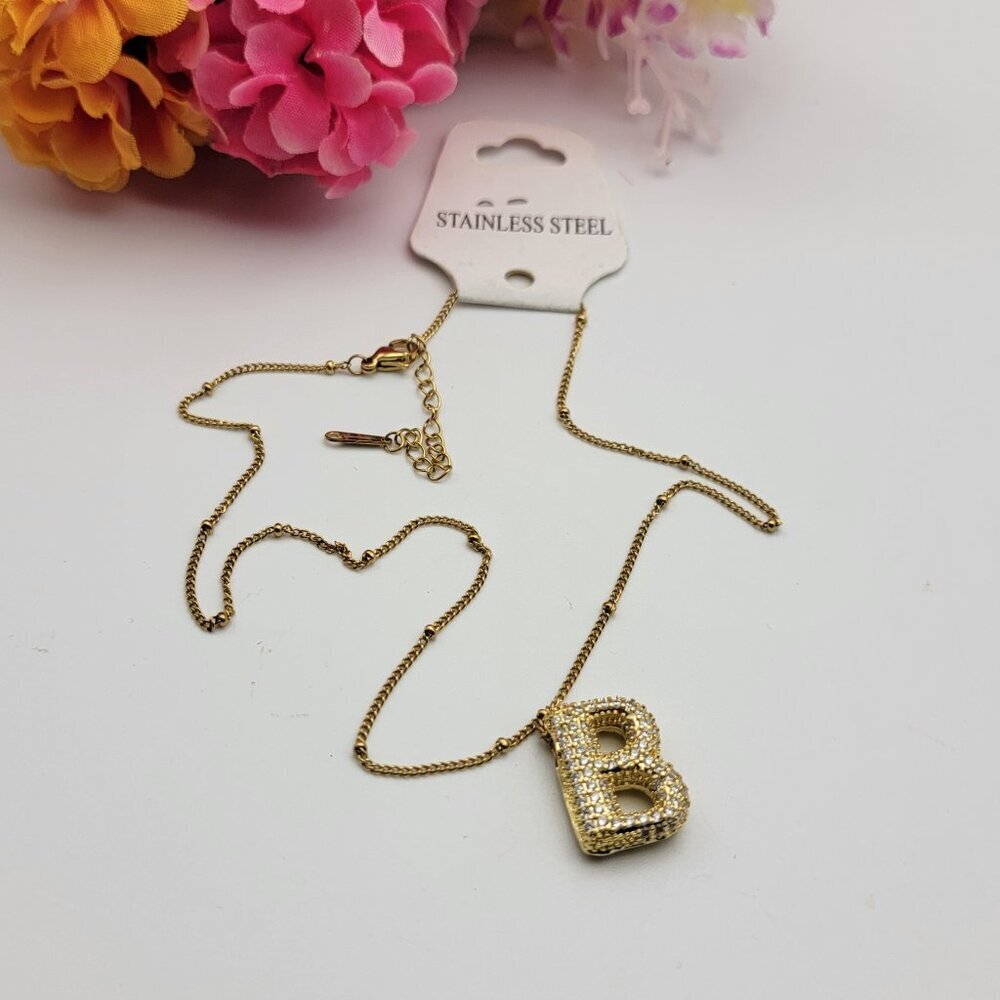 Crystal Puffy Initial Letter B Necklace Gold Tone Stainless Steel 18.5" Adj. New